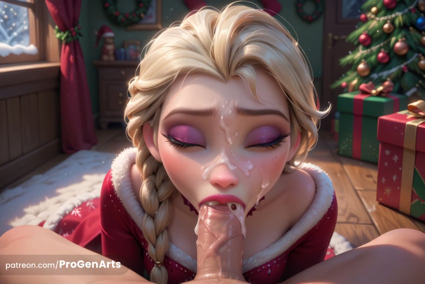 1boy 1boy1girl 1girls ai_generated artist_name blonde_hair blowjob blush braid christmas christmas_tree closed_eyes cum cum_in_mouth disney disney_princess dress elsa_(frozen) erection facial fellatio frozen frozen_(film) frozen_2 gift hair_over_shoulder hi_res indoors long_hair oral patreon_username penis pov progenarts red_dress single_braid solo_focus straight uncensored veins veiny_penis watermark web_address window wooden_floor