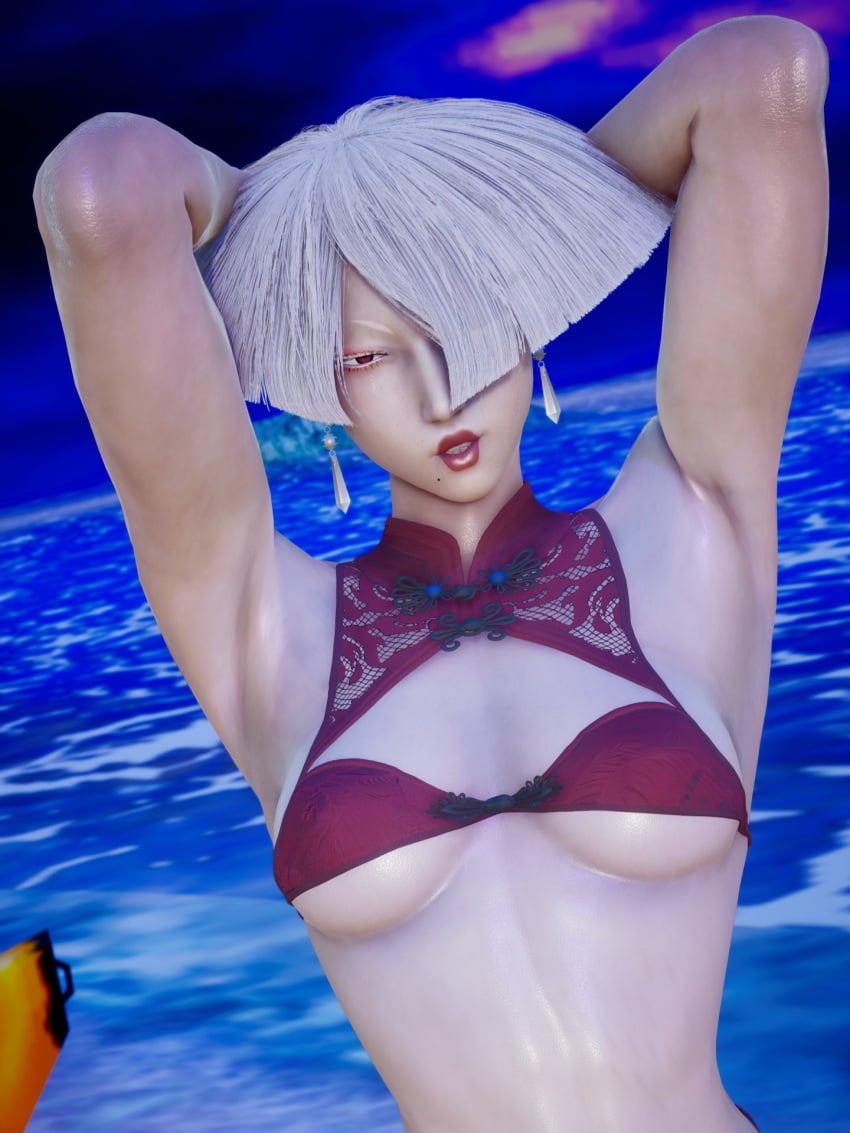 3d a.k.i. armpits arms_up asian asian_female athletic athletic_female breasts busty capcom ecchi_fighties female female_focus female_only hourglass_figure makeup pale-skinned_female pale_skin pinup pinup_pose red_eyes small_breasts street_fighter street_fighter_6 swimsuit tagme underboob white_hair wide_hips