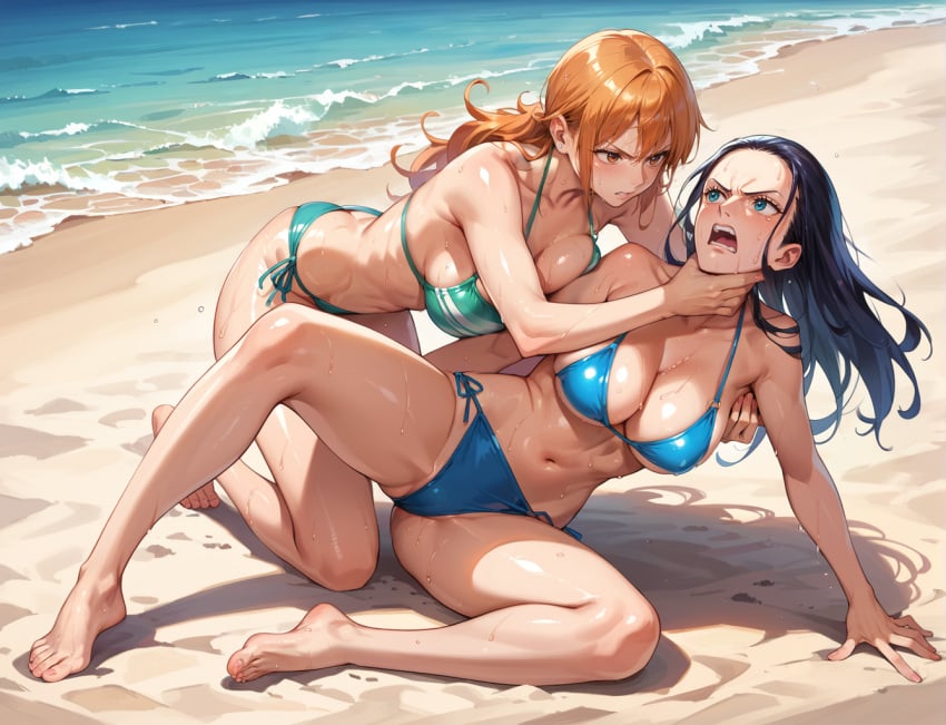 ai_generated beach bearhug bikini catfight female female_only hate_fuck hate_sex nami nami_(one_piece) nico_robin one_piece sweat sweaty wet wet_skin wrestling wrestlingryona xiaofeng yuri