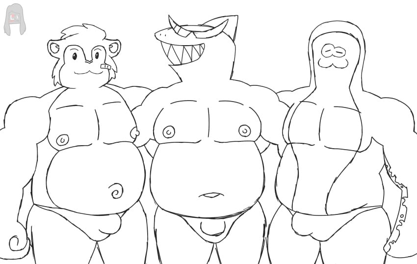 2024 anthro artist_logo artist_name big_man_(splatoon) black_and_white bulge clothed clothing digital_drawing_(artwork) digital_media_(artwork) dubu_(omega_strikers) fish lewdware male male/male manta_ray monochrome mr._jawsum nintendo nipples omega_strikers omori_(game) rodent shark signature smile speedo splatoon splatoon_(series) splatoon_3 sunglasses trio