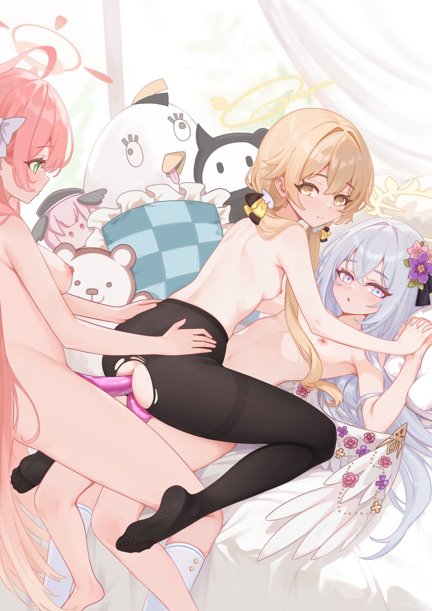 3girls absurdres anal anal_object_insertion azusa_(blue_archive) black_pantyhose blonde_hair blue_archive breasts character_doll closed_mouth completely_nude dildo double_penetration feathered_wings fff_threesome flower frilled_pillow frills green_eyes grey_hair group_sex hair_flower hair_ornament halo hanako_(blue_archive) hifumi_(blue_archive) highres indoors interlocked_fingers kneehighs koharu_(blue_archive) large_breasts linhangwei long_hair lying multiple_girls nipples no_shoes nude object_insertion on_back pantyhose parted_lips peroro_(blue_archive) pillow pink_hair pink_halo purple_eyes sex_toy skullman_(blue_archive) small_breasts socks soles strap-on thighband_pantyhose threesome toes topless torn_clothes torn_pantyhose twintails vaginal_object_insertion vaginal_penetration very_long_hair white_socks white_wings wings yellow_eyes yellow_halo young yuri