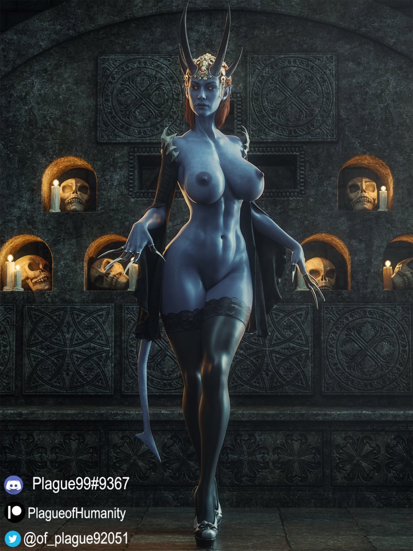 1girls 3d baldur's_gate baldur's_gate_3 big_breasts black_legwear blue_nipples blue_skin breasts busty dungeons_and_dragons highres horns legwear mizora nipples orange_eyes orange_hair plague_of_humanity_(artist) solo solo_female