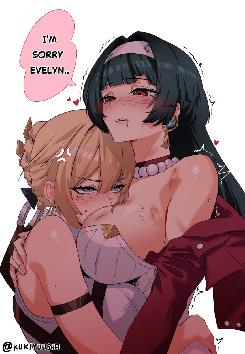 2girls angry astra_yao big_breasts bite_mark bite_mark_breast bite_mark_on_breast bite_marks black_hair blonde_female blonde_hair blush blushing busty cleavage clinging dark_hair english_text evelyn_chevalier female female_only hoyoverse huge_breasts kukiyuusha large_breasts light-skinned_female light_skin mad mihoyo text yuri zenless_zone_zero