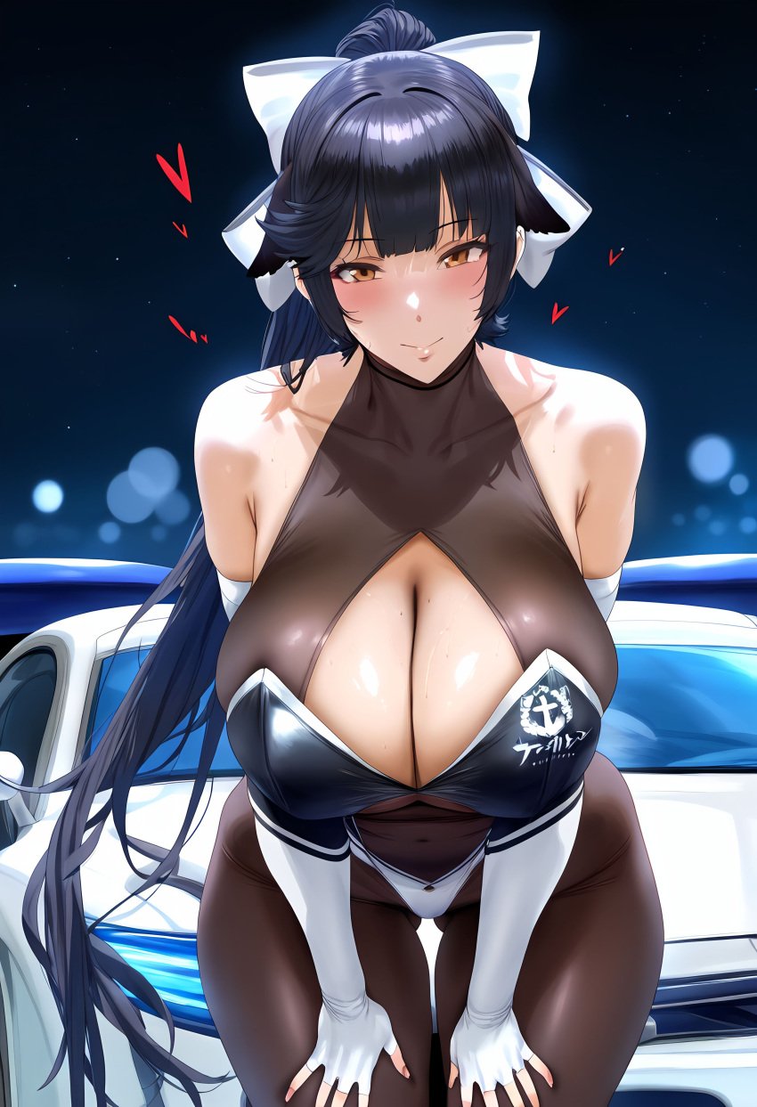 1girls ai_generated ass azur_lane big_breasts black_hair female female_focus female_only huge_ass huge_breasts large_breasts leaning_forward ponytail takao_(azur_lane) thick_thighs thighs yellow_eyes