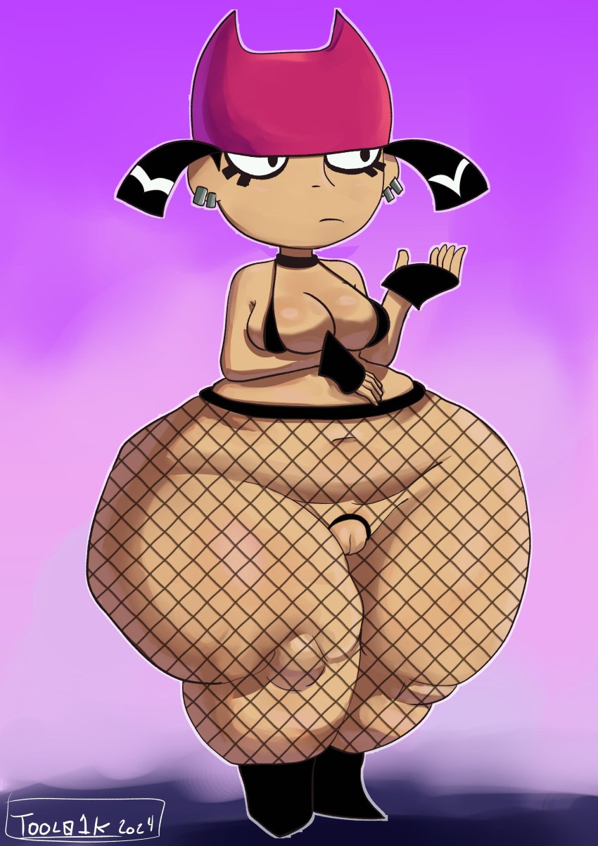 1girls big_thighs black_hair bottom_heavy bottomless bra ear_piercing earrings female female_only fishnet_legwear fishnets front_view huge_thighs my_life_as_a_teenage_robot nickelodeon nicktoons piercing pussy shortstack solo thick thick_thighs thunder_thighs tiff_crust tool01k very_wide_hips wide_hips