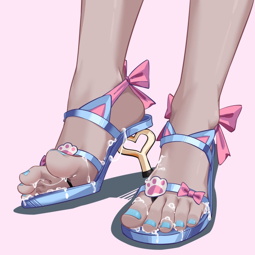 blue_footwear blue_nails bow cat_ear_footwear commentary_request cum cum_on_body cum_on_feet cum_string dark-skinned_female dark_skin dorsiflexion feet feet_only female foot_focus footwear_focus highres nail_polish nanase_young original pink_background pink_bow sandals simple_background solo standing toenail_polish toenails toes winding_key