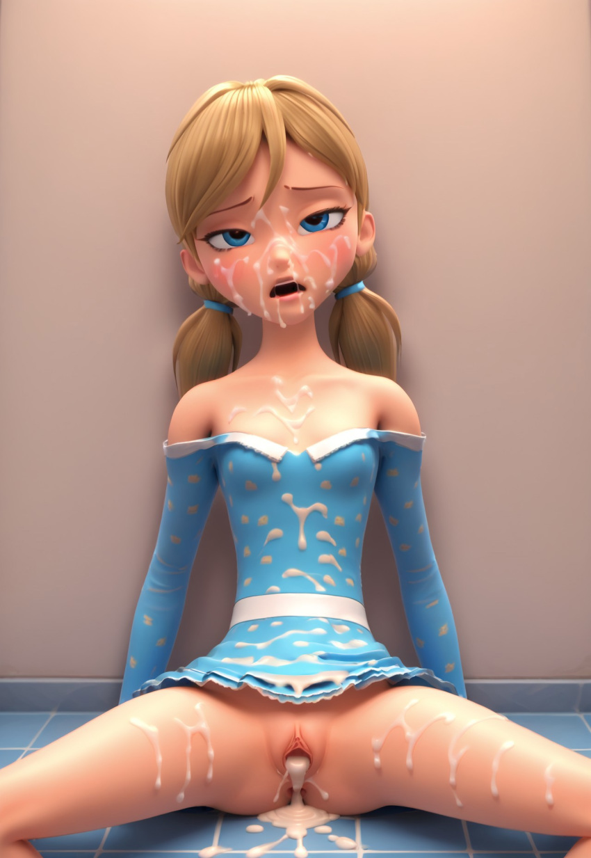 3d after_sex ai_generated aurore_beaureal blonde_hair blush cling clothing cum cum_in_pussy cum_inside defeated disney_channel dress female long_sleeves miraculous_ladybug off_shoulder open_mouth pussy rolling_eyes sex sitting tile_wall tiles twintails vulva