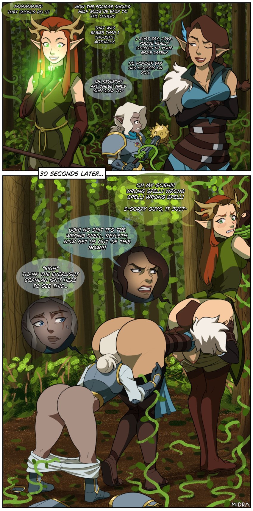3girls alternate_version_available angry antlers armor artist_name artist_signature ass before_and_after blue_eyes braid breasts breasts_out brown_eyes brown_hair centaur_wedgie comic critical_role dialogue dungeons_and_dragons elf embarrassed face_in_ass female forest gnome green_eyes half-elf humiliation keyleth large_ass long_hair looking_back mace magic midra midraw pale_skin pants_down pike_trickfoot ponytail red_hair smile speech_bubble surprised tan_skin the_legend_of_vox_machina trees vex'ahlia vine_bondage vines weapon white_hair worried