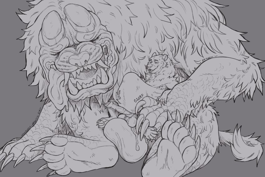 3:2 absurd_res anal anal_sex animal_genitalia anthro anthro_penetrated balls_deep basillicus bear bodily_fluids canid canine claws closed_eyes cum cum_inside doshaguma dripping drooling duo fangs fangs_bared felid feline feral genital_fluids genitals hi_res horn inflation kuruk_(character) line_art looking_at_another looking_at_bulge male male/male mammal mane monochrome on_lap one_eye_closed onomatopoeia penetration precum precum_drip saliva scales sitting sitting_on_lap size_difference sound_effects stomach_bulge teeth text tongue tongue_out ursine
