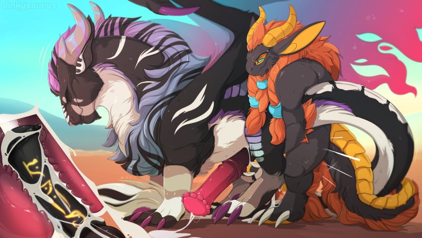 anthro black_body black_fur black_mane blue_body blue_eyes blue_fur blue_mane dinkysaurus dragon duo felkin feral fur furred_dragon furred_scalie hi_res male male/male mane multicolored_mane mythological_creature mythological_scalie mythology orange_body orange_fur purple_mane scales scalie white_body white_fur yellow_body yellow_scales