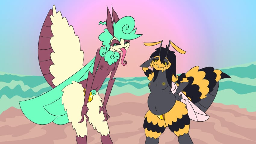 16:9 4k absurd_res antennae_(anatomy) anthro arthropod arthropod_abdomen bee bikini bikini_bottom black_sclera breasts bulge clothed clothing duo female fluffy futanari gold_bikini golden_week gynomorph hi_res hymenopteran insect_wings insects intersex lepidopteran longue_tongue luna_moth moth partlysmith pube_peek pubes saturniid slightly_chubby slim small_breasts swimwear topless trans_(lore) trans_woman_(lore) two-piece_swimsuit widescreen wings