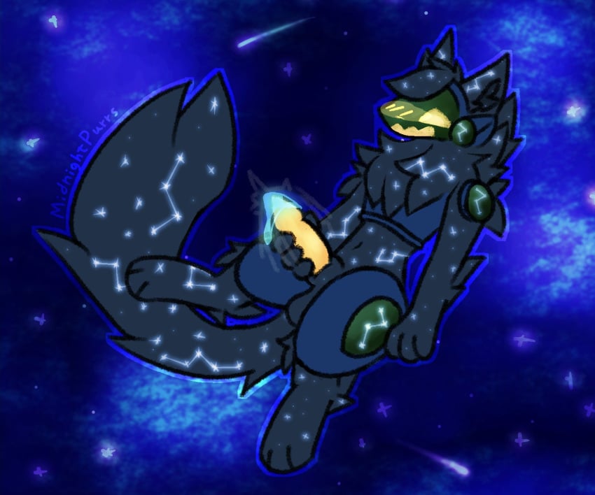 2024 6:5 animal_genitalia animal_penis anthro balls big_penis black_body black_fur black_inner_ear_fluff blue_precum blush bodily_fluids canine_genitalia canine_penis constellation_markings cosmic_background digital_drawing_(artwork) digital_media_(artwork) digitigrade erection flat_colors full-length_portrait fur genital_fluids genitals head_tuft hi_res inner_ear_fluff looking_pleasured machine male male_only masturbation medibang_paint_(artwork) midnightpurrs navel paws penile penile_masturbation penis portrait precum protogen protogen_armor protogen_visor shooting_star solo star tail tuft yellow_blush yellow_eyes yellow_penis