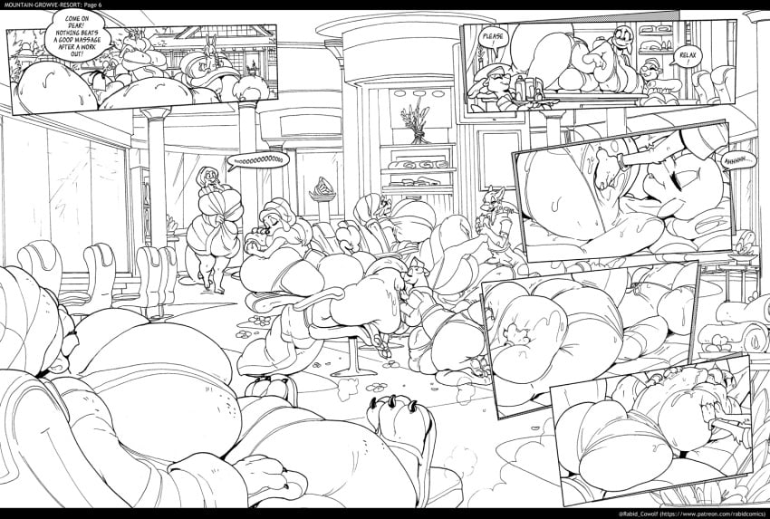 anthro bathrobe big_breasts big_penis black_and_white black_bars bodily_fluids breasts canid canine canis cetacean clothing comic dialogue domestic_dog english_text female fish genitals growth gynomorph hi_res huge_breasts huge_cock hyper hyper_breasts hyper_genitalia hyper_penis intersex letterbox line_art mammal marine massage massage_oil massage_parlor massager moan monochrome mustelid otter patreon penis poodle rabid robe shark sperm_whale sweat swimwear tagme text toothed_whale towel towel_on_head unknown_species url whale
