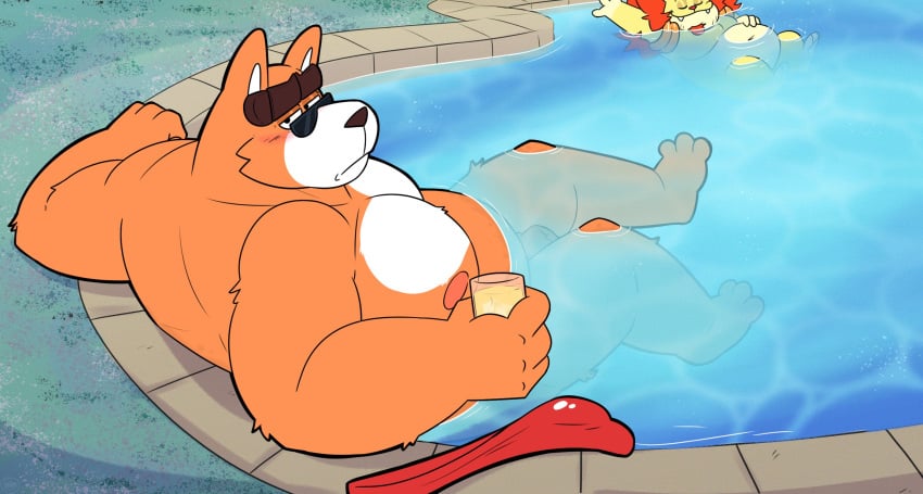 2025 anthro belly canid canine canis detailed_background domestic_dog duo eyewear felid genitals hi_res kemono leothelionel lion male male_focus mammal nipples pantherine penis rorik_dahl sitting sunglasses swimming_pool the_human_heart_(game) water