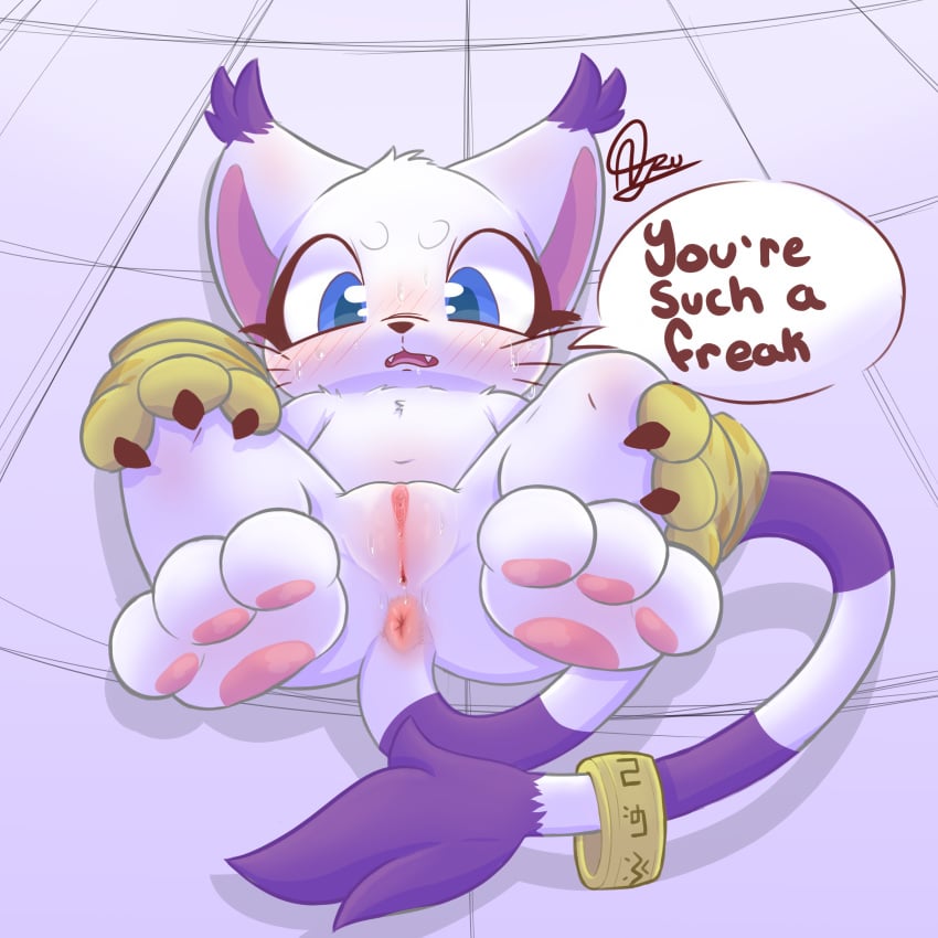 1:1 2025 3_fingers 3_toes absurd_res accessory anthro anus arustuff ass bandai_namco blue_eyes blush blush_lines bodily_fluids butt_from_the_front chest_tuft circle_eyebrows claws clitoris clothing cute_fangs dialogue digimon digimon_(species) digital_drawing_(artwork) digital_media_(artwork) dipstick_ears ear_markings english_text eyebrows eyelashes fangs feet female female_anthro finger_claws fingers fur furgonomics gatomon genital_fluids genitals gloves hands_on_legs handwear head_tuft hi_res jewelry legs_up looking_at_viewer lying multicolored_ears on_back open_mouth paw_gloves pawpads paws pussy ring semi-anthro signature simple_background solo speech_bubble spread_legs spreading tail tail_accessory tail_jewelry tail_ring talking_to_viewer teeth text toes tuft vaginal_fluids whiskers white_body white_fur