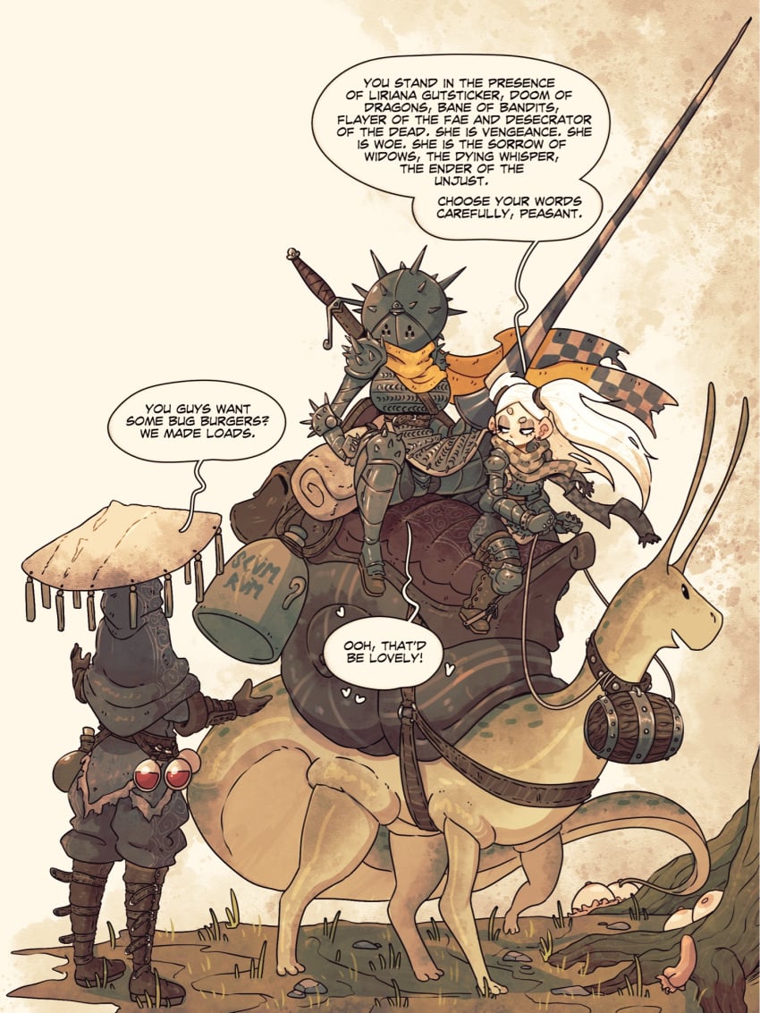 2024 3:4 ambiguous_gender antennae_(anatomy) armor barrel big_breasts boots breasts brown_boots brown_clothing brown_footwear brown_gloves brown_handwear clothed clothed_female clothing collar dialogue dwarf english_text female feral footwear gastropod gastropod_shell gloves group hair handwear heart_symbol hi_res human knight lance mammal melee_weapon mollusk mollusk_shell phallic_plant polearm quadruped rapscallion riding saddle scarf shell shoes slug speech_bubble sword sword_on_back tail text waddledog warrior weapon wearing_hat wearing_helmet white_hair