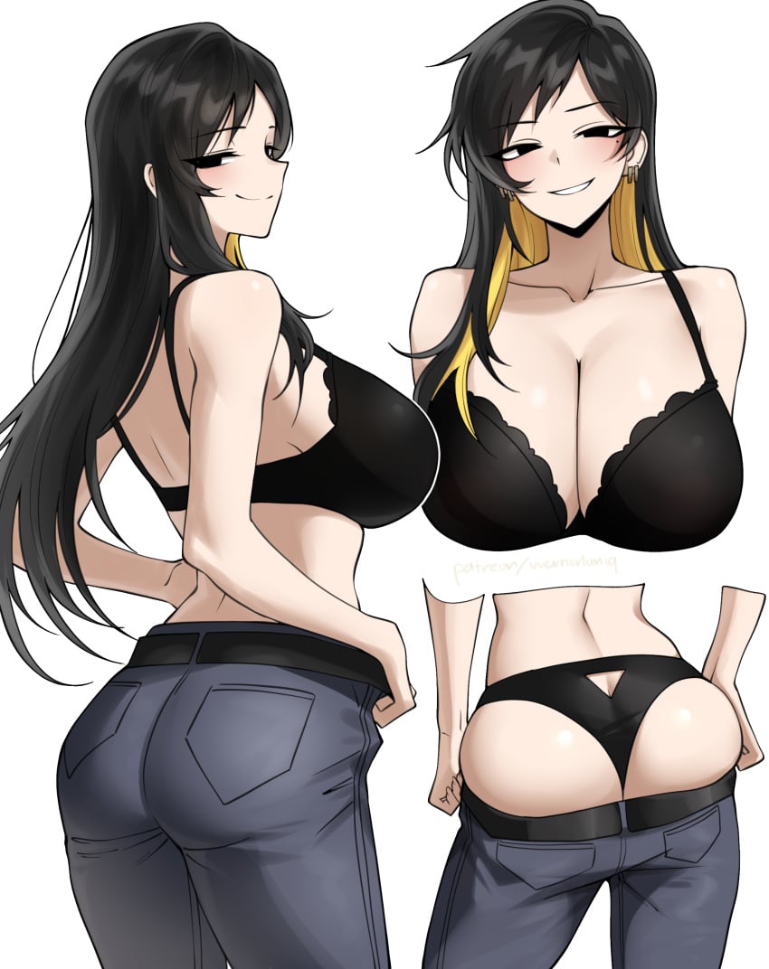 1girls ass ass_focus beauty_mark big_ass big_breasts big_butt binah black_bra black_eyes black_hair black_panties blush bra breasts ear_piercing female female_focus female_only huge_breasts jeans library_of_ruina long_hair looking_at_viewer mole mole_under_eye panties simple_background smile solo solo_female solo_focus topless two_tone_hair vvernerluniq white_background yellow_hair