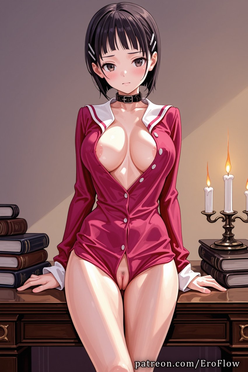 1girls 2025 ai_generated areola_slip bangs black_eyes black_hair blunt_bangs blush book book_stack bottomless breasts brown_eyes buttons candle candlestand cleft_of_venus closed_mouth collar collarbone desk erect_nipples eroflow female female_pubic_hair genitals hair_ornament hi_res highres kirigaya_suguha large_breasts long_sleeves looking_at_viewer nipples no_bra open_clothes open_shirt partially_unbuttoned patreon pubic_hair pussy pussy_juice shirt short_hair solo sword_art_online sword_art_online_alicization tight_pussy vagina voluptuous voluptuous_female