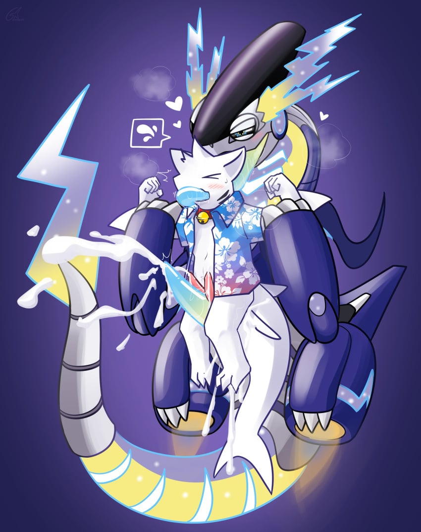 2_penises absurd_res aloha_shirt animal_genitalia animal_penis anthro anthro_on_feral bodily_fluids clothing cocoshark_(hacony) cum digital_drawing_(artwork) digital_media_(artwork) diphallia diphallism duo feral fin fish front_view fur future_pokemon generation_9_pokemon genital_fluids genitals gradient_penis held_up hemipenes hi_res ivxair3p larger_feral larger_male legendary_pokemon long_tail long_tongue male male/male marine miraidon multi_genitalia multi_penis nintendo paradox_pokemon pattern_clothing pattern_shirt pattern_topwear penis pink_penis pokemon pokemon_(species) purple_body sex shark shirt size_difference smaller_anthro smaller_male tail tapering_penis teal_penis thigh_sex tongue tongue_in_mouth topwear white_body white_fur yellow_penis zoophilia