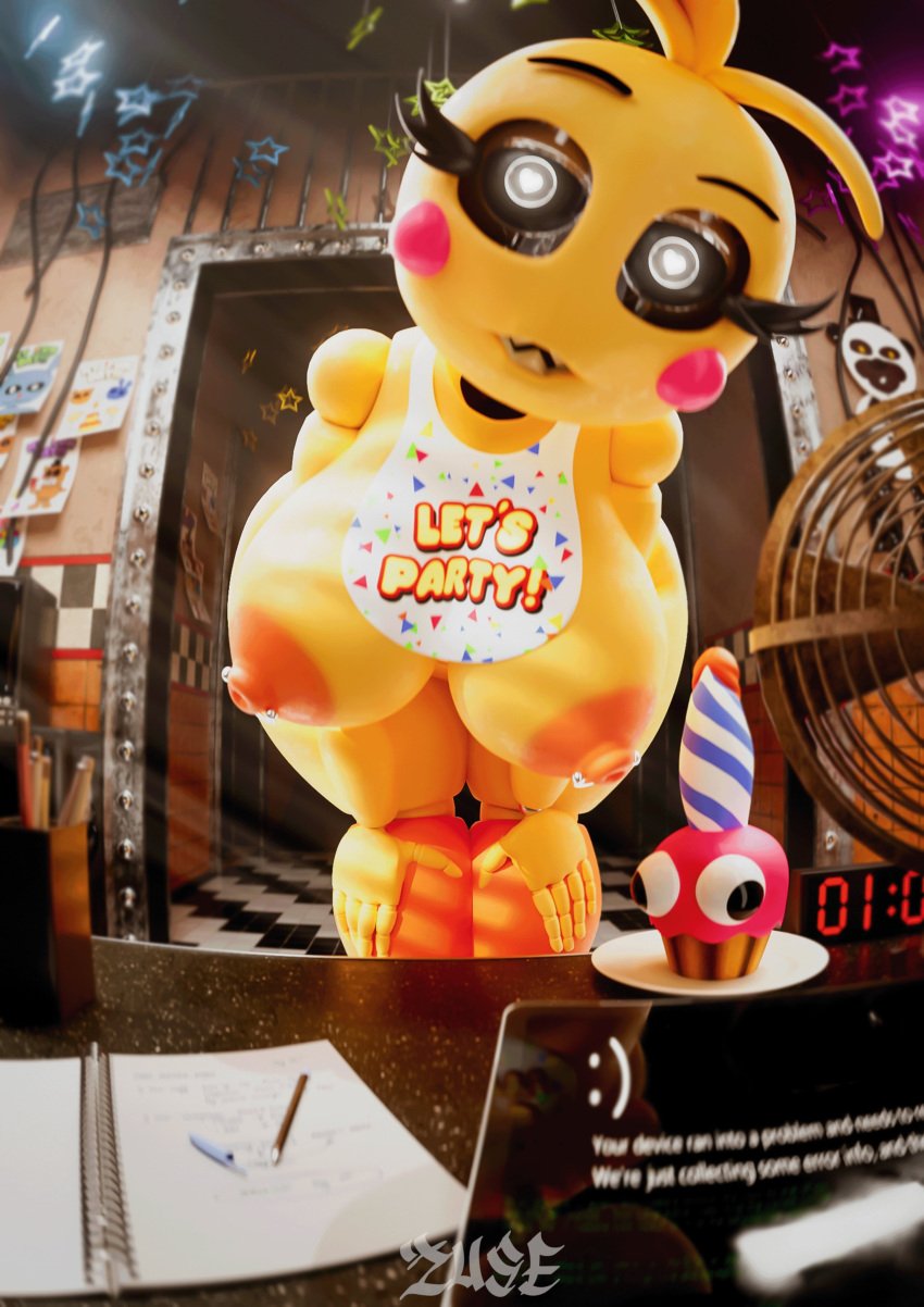 1boy 1girls 3d 3d_(artwork) animatronic animatronic_female ass big_ass big_breasts big_butt cupcake_(fnaf) female five_nights_at_freddy's fnaf heart-shaped_pupils looking_at_viewer male_pov nipple_piercing nipples pov pov_eye_contact robot_girl sharp_teeth solo tagme text toy_chica_(fnaf) toy_chica_(love_taste) zuse_(artist)