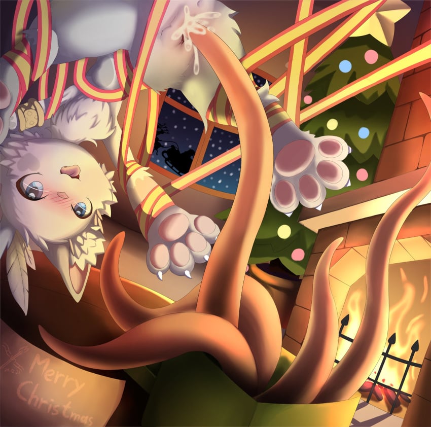 2021 ame_kitsune anthro bodily_fluids christmas christmas_tree cum cum_in_pussy cum_inside detailed_background duo felid feline female fire fireplace fur furnace genital_fluids hi_res holidays kemono mammal open_mouth open_smile paws plant santa_claus sex silhouette smile tentacle tentacle_creature tentacle_sex tree white_body white_fur window