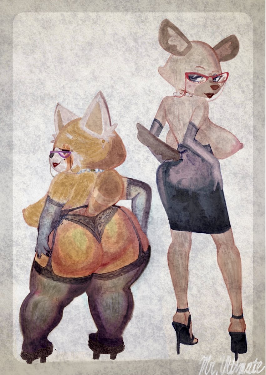 aggressive_retsuko aggretsuko areolae artist_name artist_signature blush breasts duo elderly_female eyewear furry garter_belt garter_straps geta geta_sandals grainy_render grainy_texture haida's_mother high_heels large_ass large_breasts lingerie makeup mother mr._ultimate_(artist) nipples retsuko's_mother saggy_breasts skirt stockings thigh_highs topless underwear vintage_clothing vintage_pinup