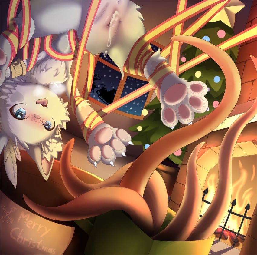 2021 after_sex ame_kitsune anthro bodily_fluids christmas christmas_tree cum cum_in_pussy cum_inside detailed_background duo felid feline female fire fireplace fur furnace genital_fluids hi_res holidays kemono mammal open_mouth open_smile paws plant santa_claus sex silhouette smile tentacle tentacle_creature tentacle_sex tree white_body white_fur window