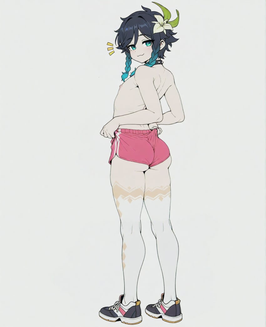 1boy :3 ai_assisted ai_generated androgynous ass back bangs black_footwear black_hair blue_hair braid choker closed_mouth clothes_pull femboy flower from_behind full_body genshin_impact gradient_hair green_eyes grey_background hair_flower hair_ornament looking_at_viewer looking_back male_focus multicolored_hair nipples otoko_no_ko shoes short_shorts shorts simple_background smile sneakers solo solo_male sondu standing thighhighs topless_male twin_braids venti_(genshin_impact) white_background white_flower white_thighhighs