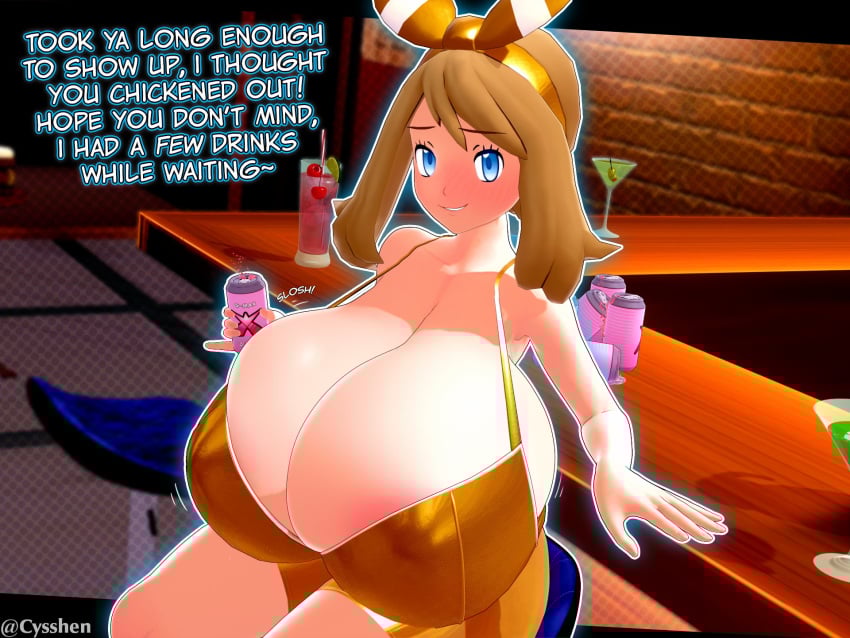 1girl 1girls areola areola_slip areolae areolae_slip big_areola big_areolae blue_eyes blush blush_lines blushing_at_viewer breast_expansion breasts breasts_bigger_than_body breasts_bigger_than_head breasts_expansion breasts_focus brown_hair cans cleavage cleavage_overflow cyshen drink drinking drinks expanding expansion female gigantic_breasts golden_clothing golden_week growing growth headgear headwear huge_breasts hyper_breasts indoor indoors large_areolae large_breasts massive_breasts may_(pokemon) movement_lines nipple_outline nipples nipples_visible_through_clothing pokemon revealing_clothes sideboob sitting slosh sloshing_breasts smile smiling smiling_at_viewer staring_at_viewer talking talking_to_viewer teasing text watermark