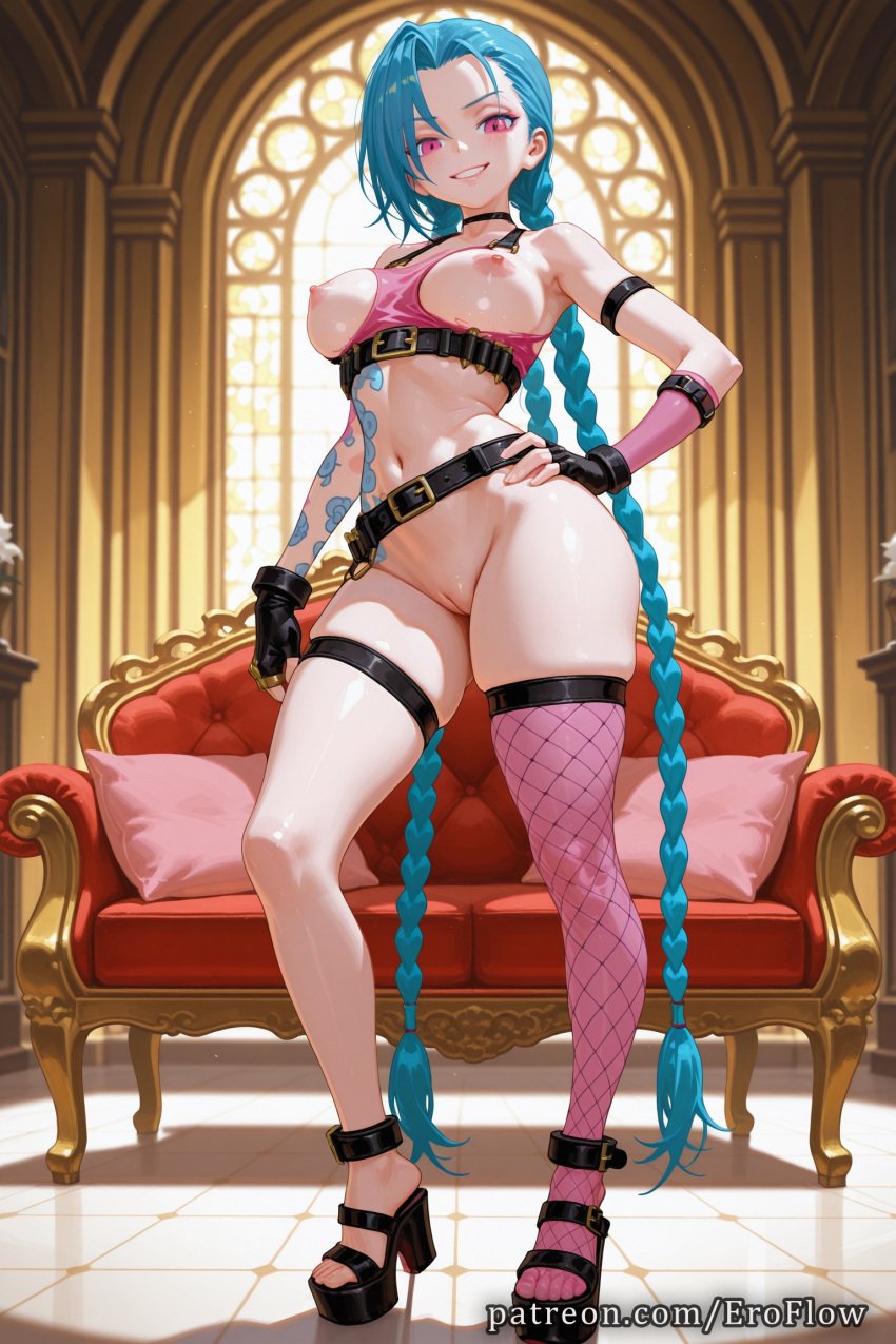 1girls 2025 ai_generated arcane asymmetrical_clothes asymmetrical_legwear belt black_belt black_gloves blue_hair braid breasts couch eroflow female fingerless_gloves fishnet_thighhighs fishnets full_body gloves grin hand_on_hip hand_on_own_hip hi_res high_heels highres indoors jinx_(league_of_legends) league_of_legends league_of_legends:_wild_rift long_hair looking_at_viewer nail_polish navel nipples patreon pink_eyes pink_thighhighs pussy riot_games single_thighhigh smile solo stockings tattoo thighhighs toenail_polish toenails twin_braids uncensored vagina very_long_hair voluptuous voluptuous_female