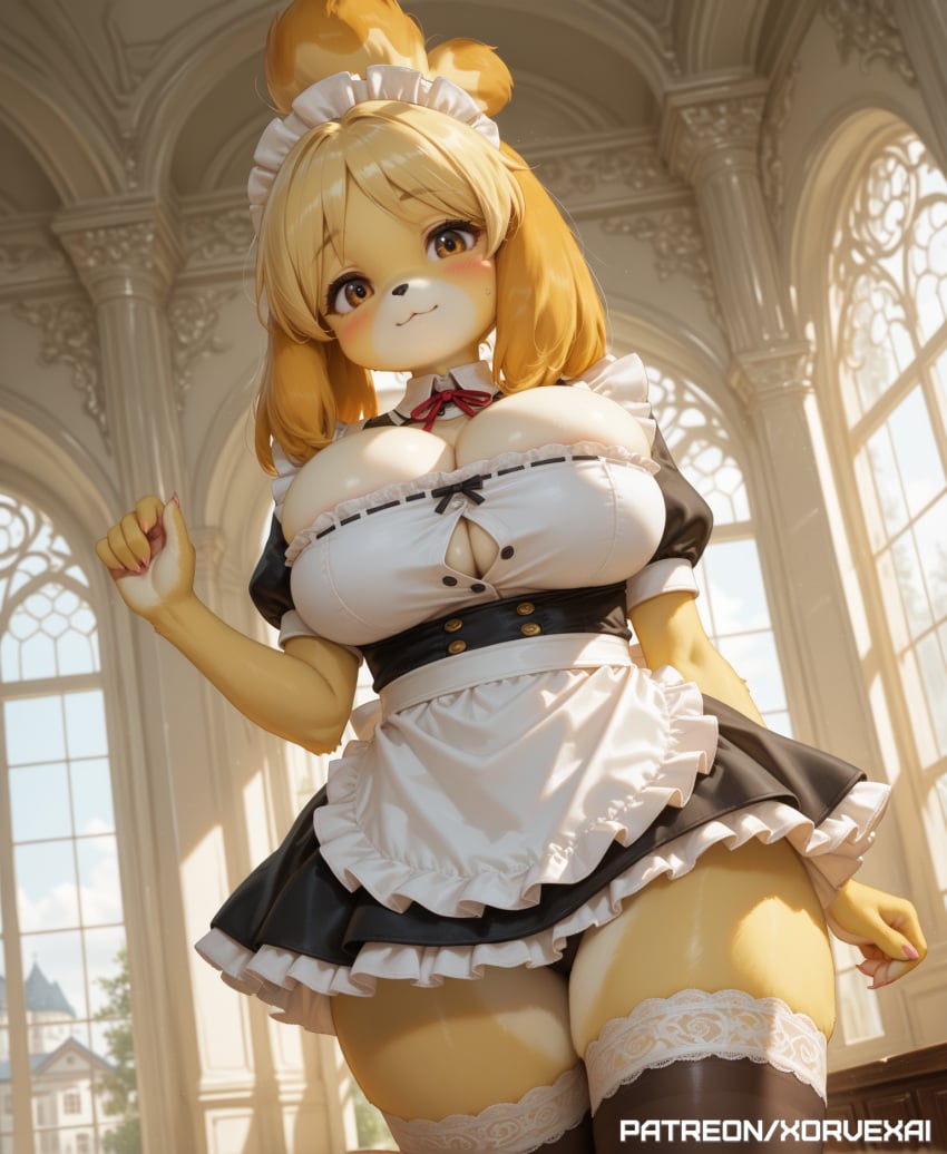 ai_generated animal_crossing anthro big_breasts covered_nipples female front_view furry isabelle_(animal_crossing) looking_at_viewer maid maid_uniform mansion skirt standing tagme thighhighs yellow_fur