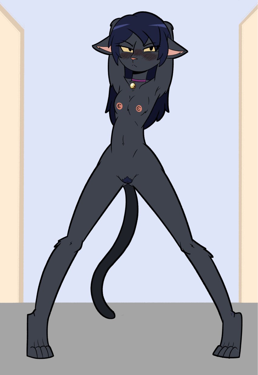 2025 anthro areola bell bell_choker bell_collar black_body black_fur black_hair blush blush_lines breasts choker choker_only closed_frown collar digital_drawing_(artwork) digital_media_(artwork) digitigrade domestic_cat ears_down embarrased_horny embarrassed english_description felid feline felis female female_anthro frown frowning_at_viewer full-length_portrait fur furrowed_brow golden_week hair hands_behind_head hi_res jewelry jingle_bell jingle_bell_collar long_hair magra215 mammal mouth_closed navel necklace necklace_only nipples no_irises nude nude_anthro nude_female pink_areola pink_inner_ear pink_nipples pink_nose pivoted_ears pointy_ears portrait prick_ears purple_choker purple_jewelry purple_necklace selene_(magra215) short_snout skinny_anthro skinny_female small_breasts solo tail thin_calves thin_thighs ventral_groove wide_stance yellow_sclera