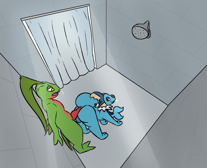2_fingers 2_toes 3_fingers 3_toes absurd_res against_surface against_wall all_fours anthro ass balls big_butt big_tail breath delta's_art duo eeveelution feet fingers freckled_butt freckled_face freckles generation_1_pokemon generation_3_pokemon genitals grovyle hi_res high-angle_view hot_dogging humanoid_genitalia humanoid_penis looking_back looking_down looking_pleasured male male/male nintendo open_mouth penis pokemon pokemon_(species) power_bottom red_eyes red_penis sex shower smile smug tail toes vaporeon yellow_eyes