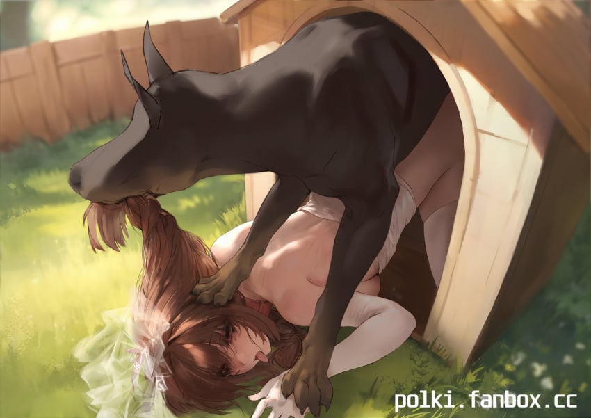 1boy all_fours belt belt_collar blurry blurry_background braid braided_ponytail bridal_veil brown_hair canine collar commentary day dobermann domestic_dog elbow_gloves english_commentary female fence feral gloves grabbing_another's_hair grass highres interspecies kennel long_hair male original outdoors paid_reward_available polki red_belt red_eyes sex sex_from_behind thighhighs tongue tongue_out top-down_bottom-up veil white_gloves white_thighhighs wooden_fence zoophilia