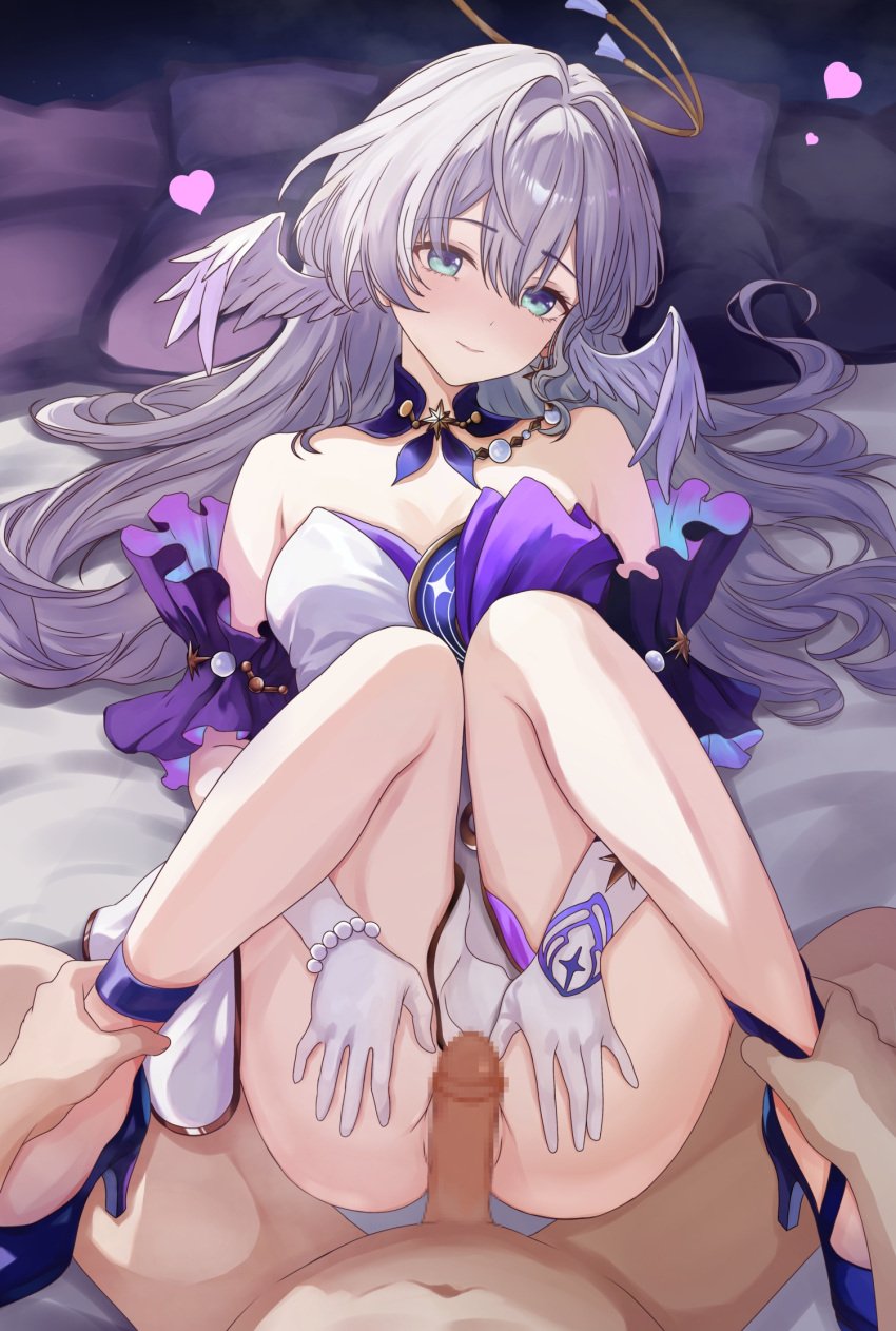 1boy blue_eyes breasts censored commentary_request completely_nude dress erection female grabbing_another's_ankles halo head_wings heart high_heels highres honkai:_star_rail honkai_(series) imminent_penetration long_hair mosaic_censoring no_panties nude on_bed paid_reward_available penis robin_(honkai:_star_rail) smile straight welo white_dress white_hair wings