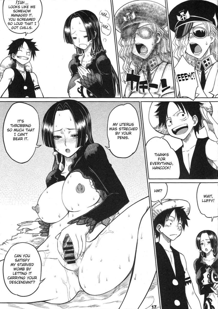 2girl big_breasts black_and_white blush boa_hancock comic comic_page curvy curvy_body curvy_female curvy_figure disney domino_(one_piece) doujinshi erect_nipples male monkey_d_luffy nipples one_piece pubic_hair pussy text text_bubble