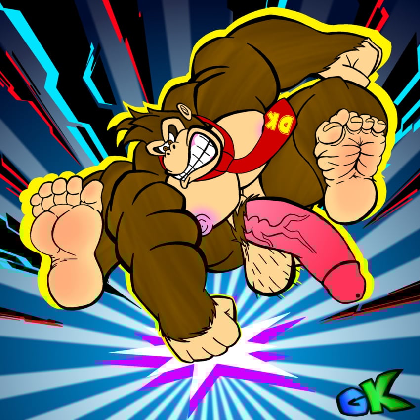 abstract_background anthro ape balls big_penis body_hair donkey_kong_(character) donkey_kong_(series) donkey_kong_bananza feet genitals gorilla grizzlykubz hairy_balls haplorhine hi_res male male_foot_fetish male_only mammal muscular muscular_anthro muscular_male necktie nintendo nipples penis primate pubes smashing solo
