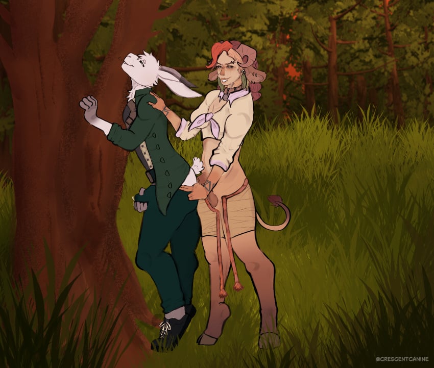 absurd_res anal anthro anthro_penetrated bodily_fluids bovid caprine clothed clothed_sex clothing crescentcanine cum cum_in_clothing cum_in_pants cum_through_clothing duo faun forest_sex genital_fluids goat hi_res humanoid intersex intersex/male lagomorph leporid lex_keegan male maleherm mammal outside_sex public public_sex rabbit satyr sex taur wet wet_clothing