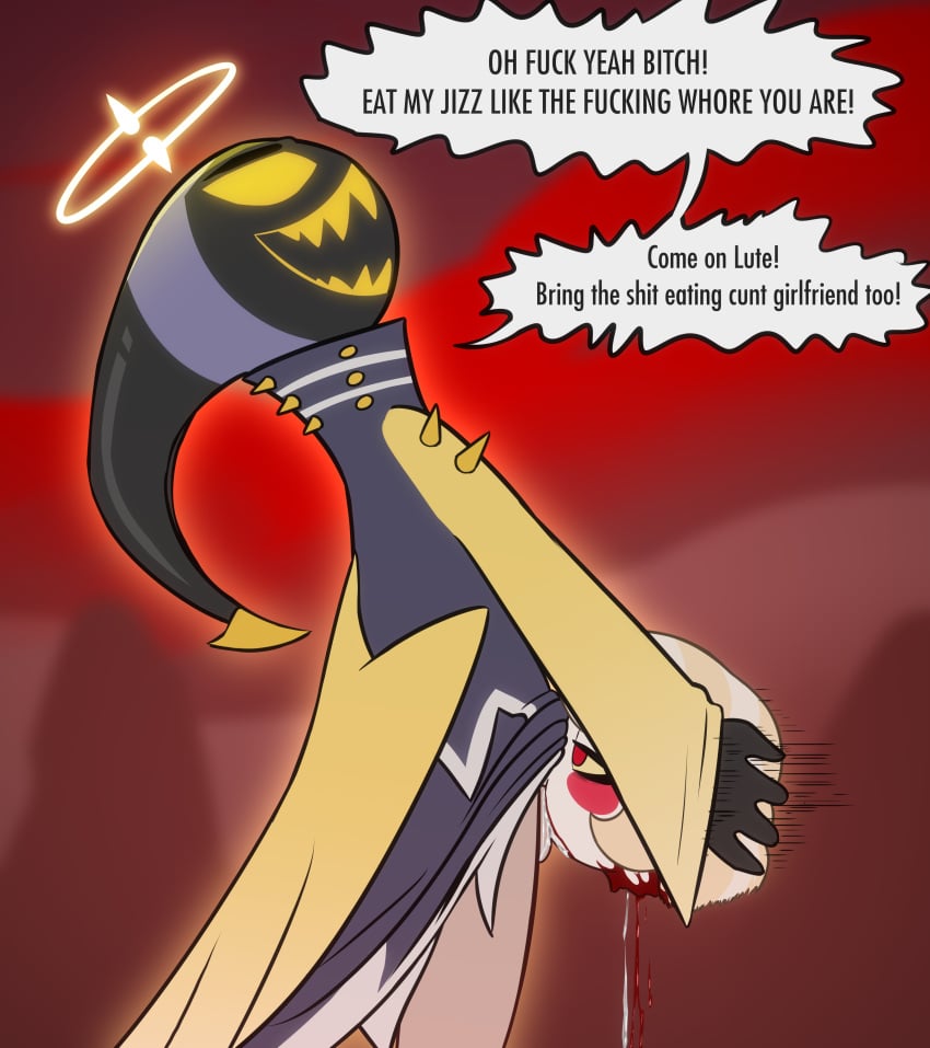 4_fingers absurd_res adam_(hazbin_hotel) anthro balls balls_deep blonde_hair blood blood_from_mouth blood_in_mouth blood_on_chin blush blush_stickers bodily_fluids charlie_morningstar clothed clothing cum cum_drip cum_in_mouth cum_inside cum_on_chin cum_on_face cum_through dead_eyes death defeated degradation demon dialogue dripping dripping_blood duo e254e ejaculation english_text fellatio female female_death fingers forced forced_fellatio forced_oral genital_fluids genitals gore hair halo hazbin_hotel hell hi_res irrumatio male male/female male_dominating_female morbid neck_wound necrophilia no_underwear oral oral_penetration orgasm pantsless penetration penile penis penis_in_mouth profanity raised_robe rape red_eyes ryona severed_body_part severed_head severed_oral sex sharp_teeth snuff spiked_clothing spikes straight teeth text