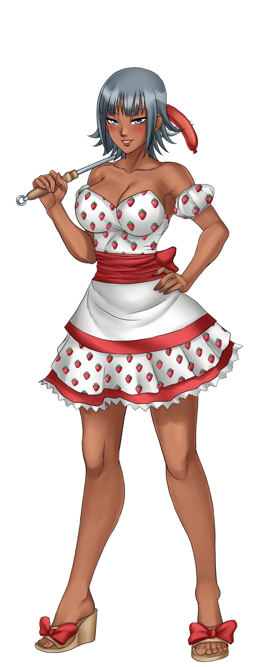 animal_print apron bare_shoulders blossoming_brittany_(hentai_heroes) blue_eyes blush breasts brittany_(hentai_heroes) cg cleavage dark-skinned_female dark_skin dress female food food-themed_clothes food_print full_body grey_hair hentai_heroes kinkoid large_breasts leopard_print mito_ikumi official_art parody print_panties sandals short_hair smile solo strawberry strawberry_panties strawberry_print transparent_background
