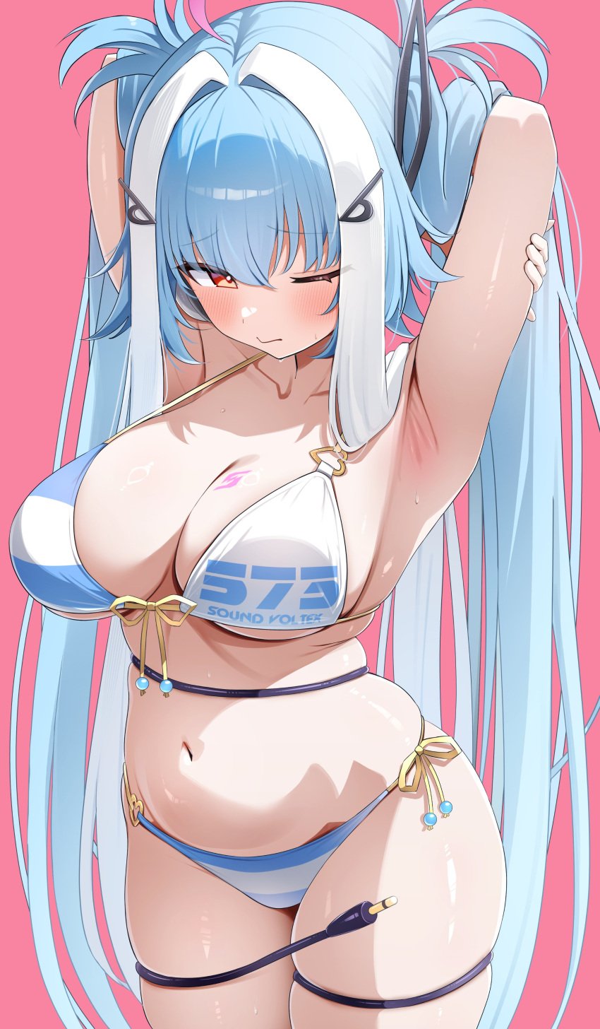 armpits arms_behind_head bemani bikini blush curvy embarrassed ichika_(bemani) konami large_breasts looking_to_the_side navel official_alternate_costume one_eye_closed plug_tail plump thick_thighs thigh_strap tummy twintails voluptuous wide_hips worried