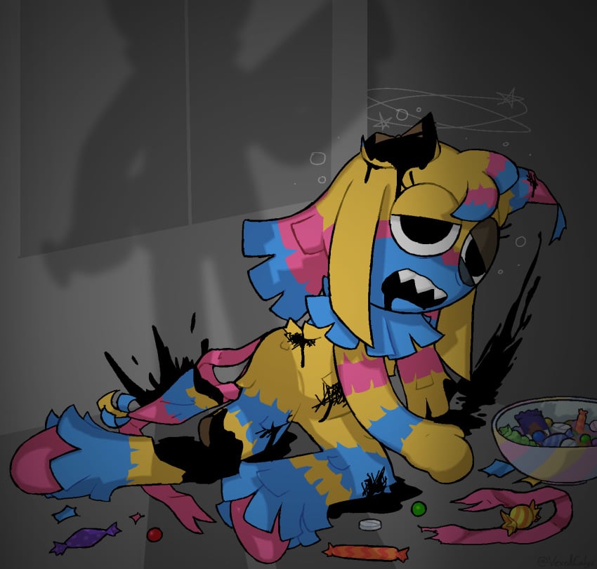 2025 ambiguous_gender animate_inanimate anthro begging black_blood blood bodily_fluids bruised_eye candy candy_bowl colored_blood crying dessert drugged duo fangs female food gore hi_res ichor living_pinata lying on_side pinata ribbons shadow shaking substance_intoxication tears teeth torn_ear trembling unusual_blood unusual_bodily_fluids vexedcalyx yatta_(dandy's_world)