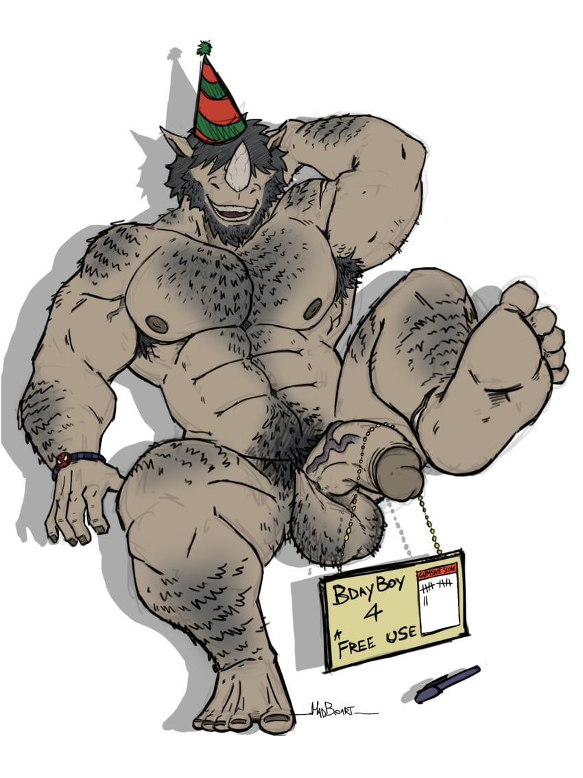 2025 3:4 5_toes abs anthro arm_hair armpit_hair balls beard belly_hair body_hair butch_(madboart) chest_hair clock clothing deltoids english_text facial_hair feet forearm_hair forearms foreskin genitals hairy half-erect hand_behind_head hanging_from_penis happy_trail hat headgear headwear hi_res horn humanoid_genitalia humanoid_penis leg_hair madboart male mammal muscular muscular_male nails navel nipples party_hat pecs pen penis plantigrade pubes raised_leg rhinoceros shadow shoulder_hair sign simple_background smile solo tally_marks text toenails toes vein veiny_penis watch western_tally_marks white_background wristwatch