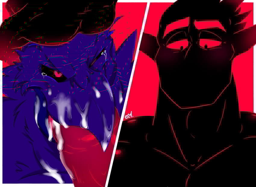 avian avian_humanoid bara beefy_demon_acc blush choking_on_cock corviknight crying crying_with_eyes_open cum cum_in_mouth cum_inside cum_on_face cumshot deepthroat demon ethan_(beefy_demon_acc) gay hand_on_head original_characters penis pokemon_(species) sucking_penis tears tears_in_eyes