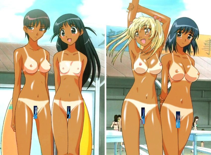 armpits arms_up black_hair blonde_hair blue_eyes brown_eyes censored dark_skin female female_only multiple_girls nude pubic_hair public_nudity sawachika_eri school_rumble suou_mikoto takano_akira tanlines tanned tied_hair tsukamoto_tenma twintails