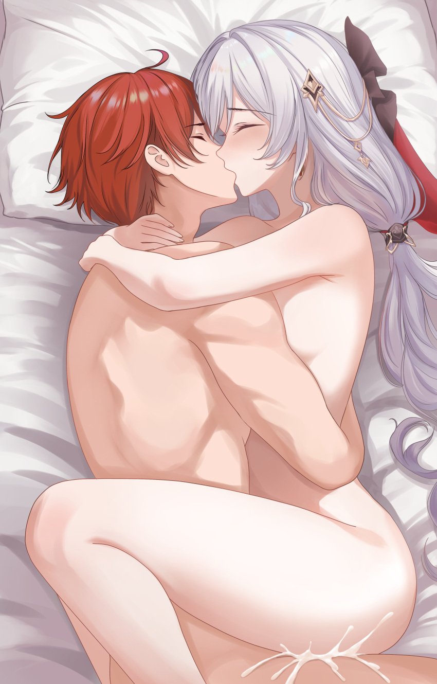 1boy absurdres ahoge breasts captain_(honkai_impact) commentary_request commission completely_nude cum cum_overflow english_commentary female highres honkai_(series) honkai_impact_3rd hug kissing long_hair lying male mixed-language_commentary nude on_bed on_side pixiv_commission red_hair sex short_hair straight theresa_apocalypse theresa_apocalypse_(luna_kindred) theresa_apocalypse_(lunar_vow:_crimson_love) very_long_hair welo white_hair