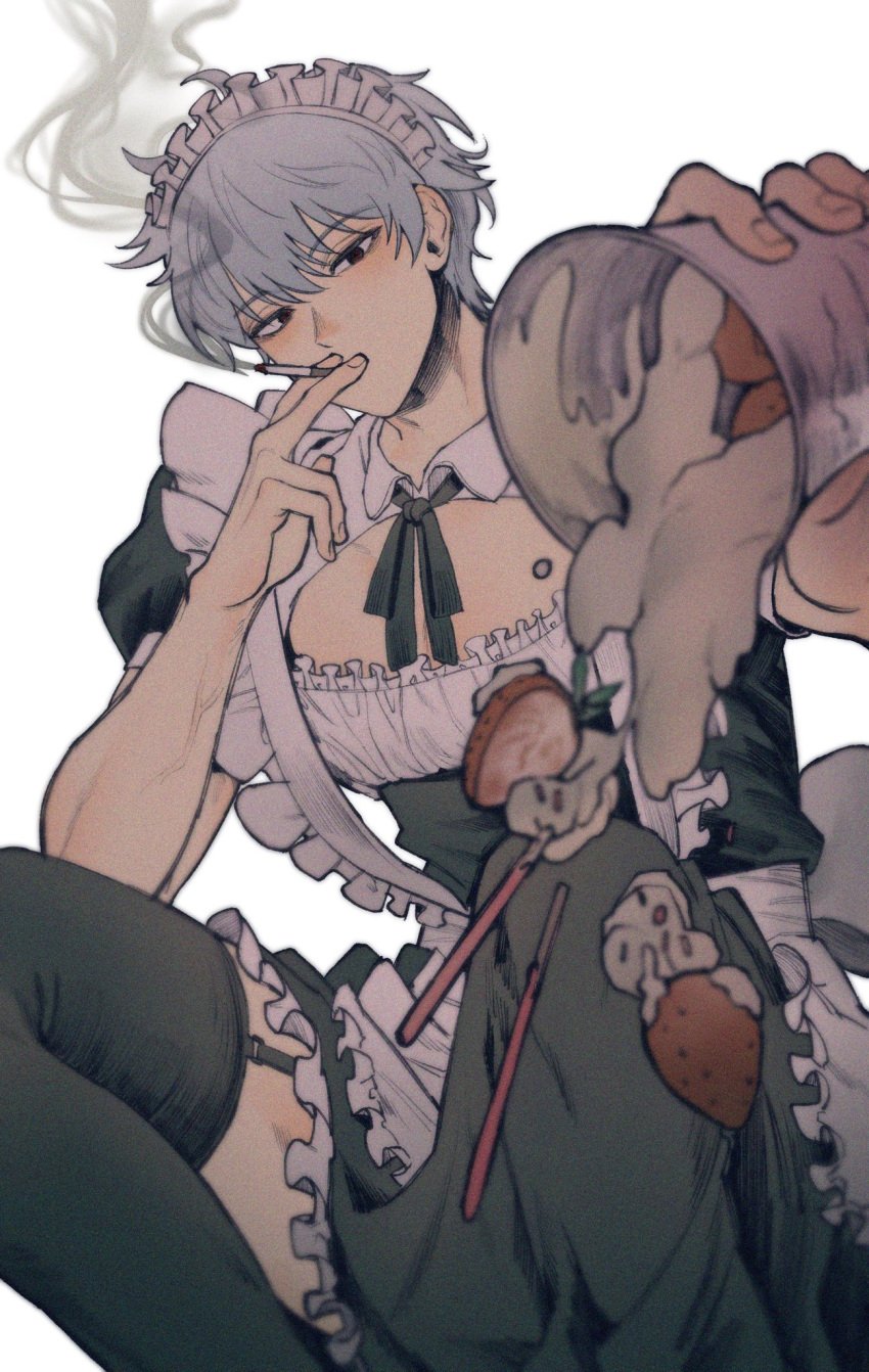 alternate_costume apron black_legwear black_thighhighs boob_window cigarette crossdressing food frills fully_clothed g0nyag garter_straps gintama gintoki_sakata looking_at_viewer maid maid_headdress maid_uniform male male_only manly_crossdresser parfait smoking solo thighhighs waiter white_hair