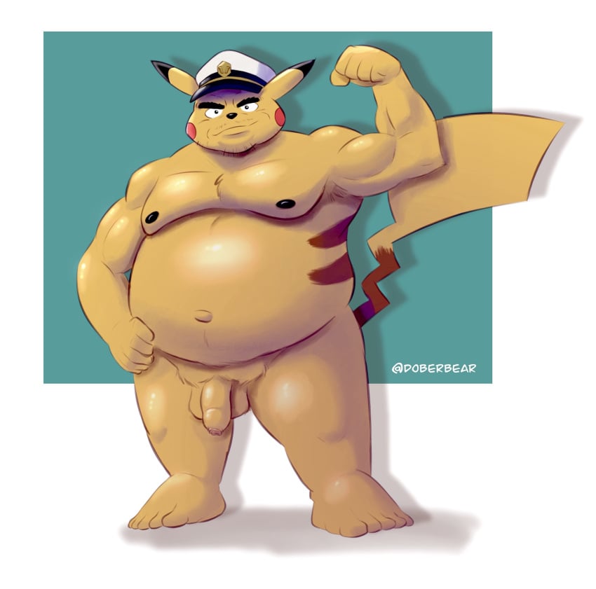 2025 anthro balls belly big_belly black_nose captain_pikachu clothing dober flaccid generation_1_pokemon genitals hat headgear headwear hi_res male moobs navel nintendo nipples overweight overweight_male penis pikachu pokemon pokemon_(species) simple_background solo