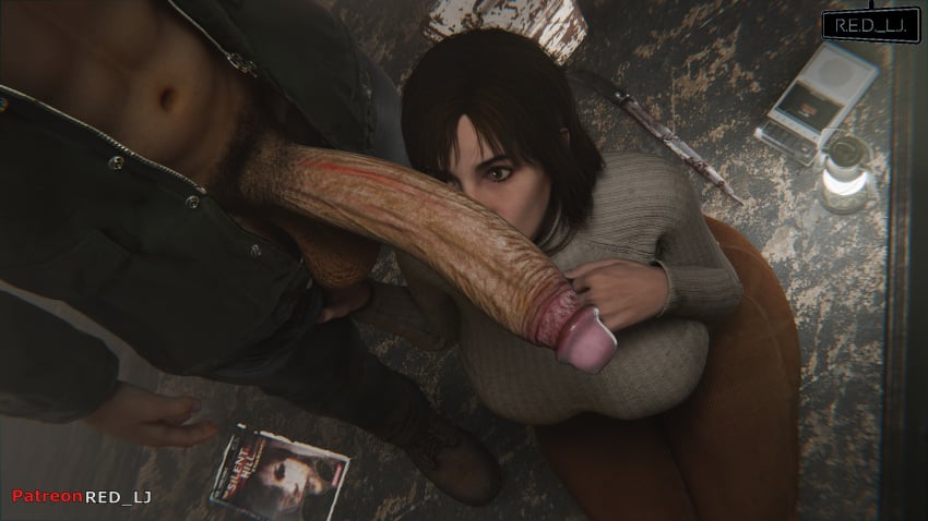 1boy 1girls 3d angela_orosco black_hair blender_(software) cock_shock cock_worship female james_sunderland jeans konami large_penis male penis penis_awe penis_on_face red_lj short_hair silent_hill silent_hill_2_remake