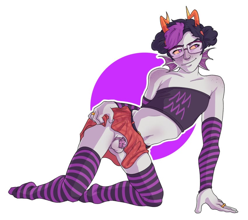 arm_socks balls chastity chastity_cage crossdressing eridan_ampora femboy fins fish glasses homestuck march_eridan miniskirt teasing thigh_highs upskirt wistfullinsomniac